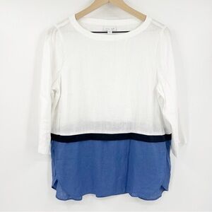 J. Jill Love Linen Colorblock 3/4 Sleeve Tulip Hem Blue White Blouse Size Small